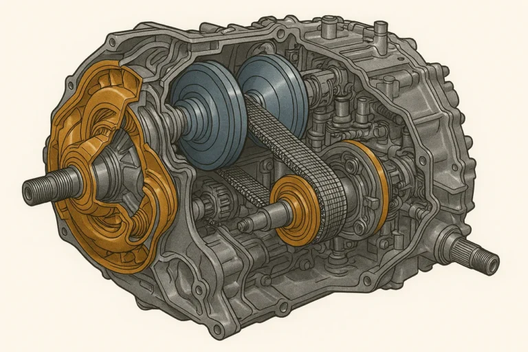 Manutenção Automotiva 8 Ilustração técnica detalhada e colorida de um câmbio CVT automotivo em corte transversal, mostrando os principais componentes internos como as polias cônicas azul e amarela, correia metálica, conversor de torque e atuadores hidráulicos, com destaque para a complexidade mecânica do sistema.