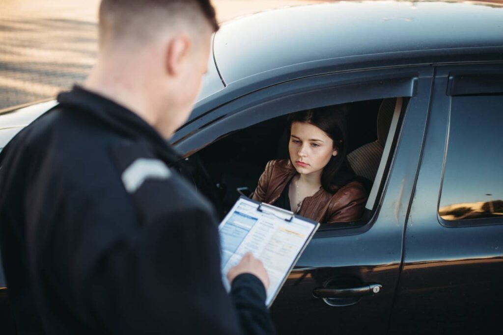 mulher triste dentro do carro recebendo uma multa de trânsito de um policial rodoviário mafia das multas