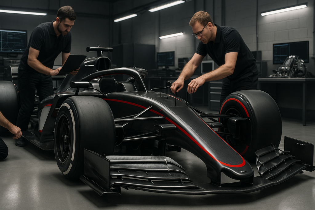 quanto custa um carro de Fórmula 1 - Carro moderno de Fórmula 1 com pintura preta e detalhes em vermelho sendo preparado por engenheiros em um box de alta tecnologia, com computadores e peças de motor ao fundo, em ambiente bem iluminado que destaca a aerodinâmica e os materiais avançados como fibra de carbono.