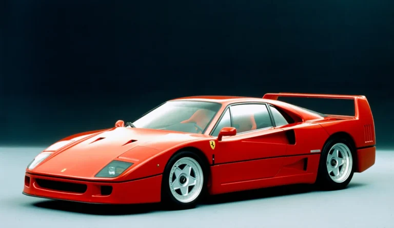 Mercado Automotivo 6 Ferrari F40 vermelha vista em um estúdio, com destaque para o design aerodinâmico, faróis embutidos, rodas esportivas e o icônico aerofólio traseiro.