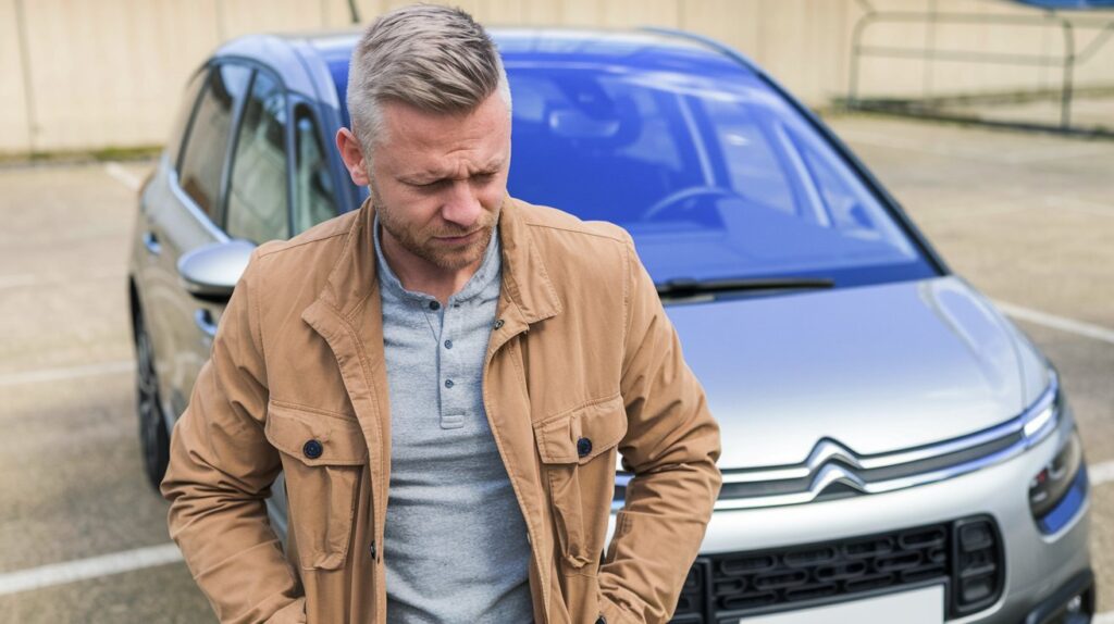 Carros mais difíceis de vender em 2024 5 um homem cansado, triste e frustrado porque não consegue vender seu Citroën C4 Picasso. - carros difíceis de vender