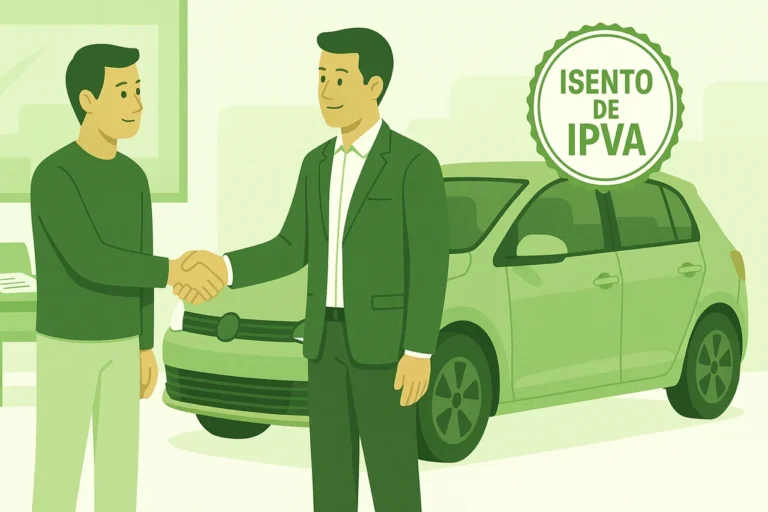 Manual do Vendedor 4 Ilustração digital em tons de verde mostrando um comprador e um vendedor apertando as mãos ao lado de um carro urbano em uma agência de veículos, com selo 'Isento de IPVA' destacado sobre o carro e documentos visíveis sobre uma mesa ao fundo.