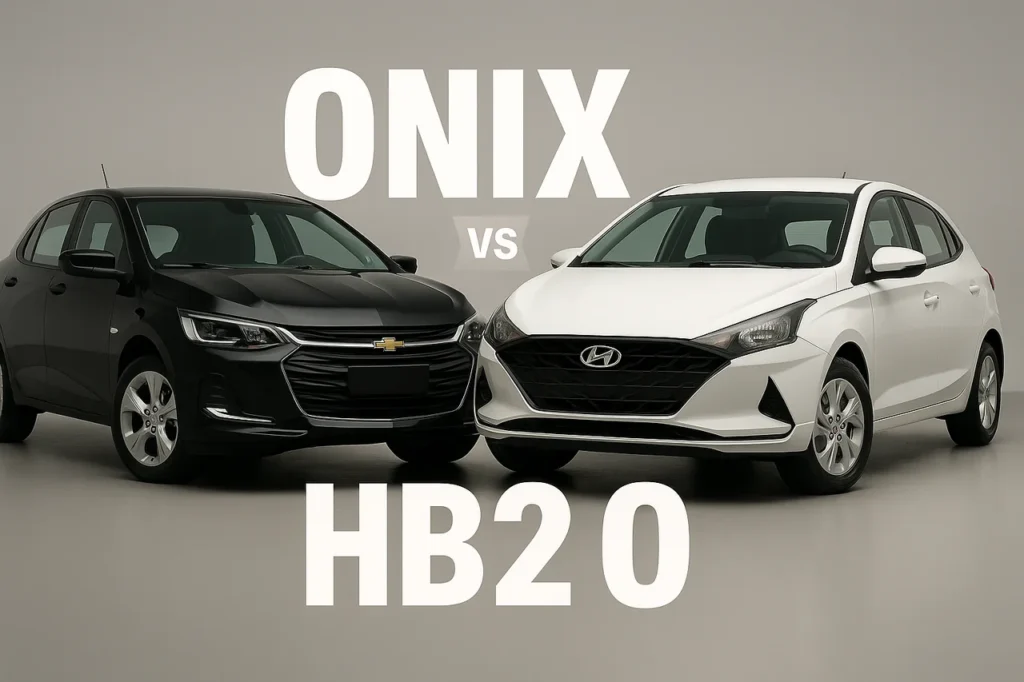 Comparação entre dois carros hatch: Chevrolet Onix preto à esquerda e Hyundai HB20 branco à direita, posicionados frente a frente em um estúdio com fundo neutro. Texto 'ONIX vs HB20' em destaque ao centro da imagem