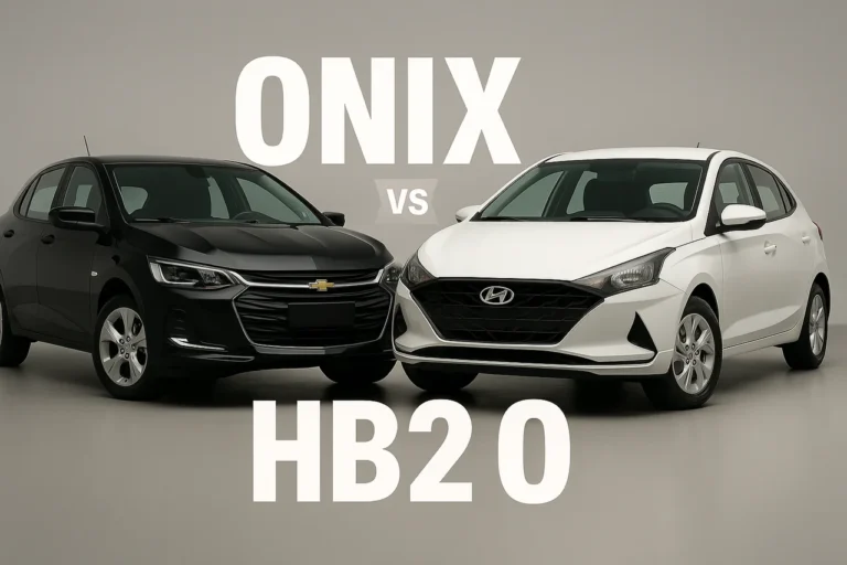Mercado Automotivo 4 Comparação entre dois carros hatch: Chevrolet Onix preto à esquerda e Hyundai HB20 branco à direita, posicionados frente a frente em um estúdio com fundo neutro. Texto 'ONIX vs HB20' em destaque ao centro da imagem