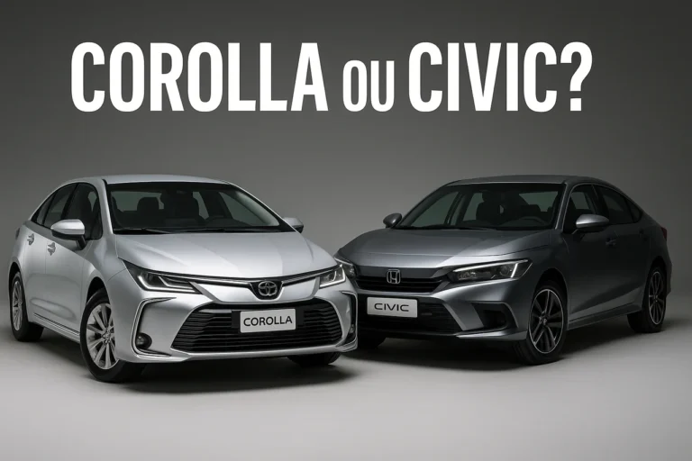 Mercado Automotivo 3 Dois carros sedãs lado a lado em um estúdio com fundo cinza: à esquerda, um Toyota Corolla prata; à direita, um Honda Civic cinza escuro. Acima dos veículos, a pergunta 'COROLLA ou CIVIC?' em letras grandes brancas.