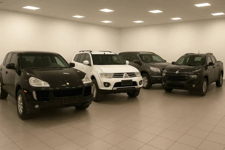 Quatro carros blindados até 100 mil reais estacionados em showroom bem iluminado, incluindo modelos SUV e picapes em cores preto, branco e cinza.