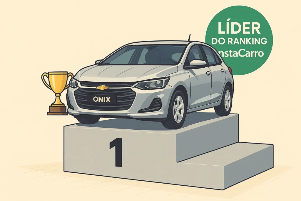 Carros mais vendidos em maio: Onix lidera ranking da InstaCarro 3 Ilustração do Chevrolet Onix em um pódio de primeiro lugar com um troféu ao lado e o selo 'Líder do ranking InstaCarro', representando que o Onix é o carro mais vendido de maio segundo o ranking InstaCarro.
